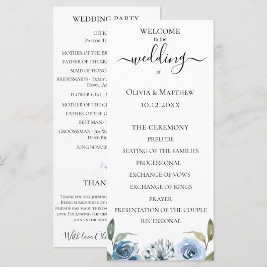 Stofbruin Waterverf Bloem Bruiloftsprogramma Programmakaart (Voorkant / Achterkant)