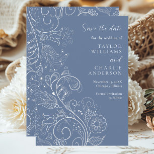 Stofbruine Blau Elegante Bloemige Bruiloft Save The Date