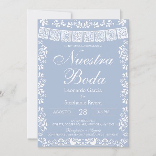 Stofbruine Blau Nuestra Boda Papel Picado Trouw Kaart (Voorkant)