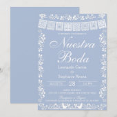 Stofbruine Blau Nuestra Boda Papel Picado Trouw Kaart (Voorkant / Achterkant)