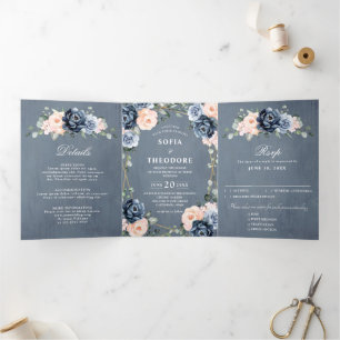 Stofbruine Blau Perzik Blush Geometrische Bloemige Drieluik Aankondiging