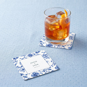 Stofbruine Blauw Chinoiserie Vierkant Huwelijk Kartonnen Onderzetters