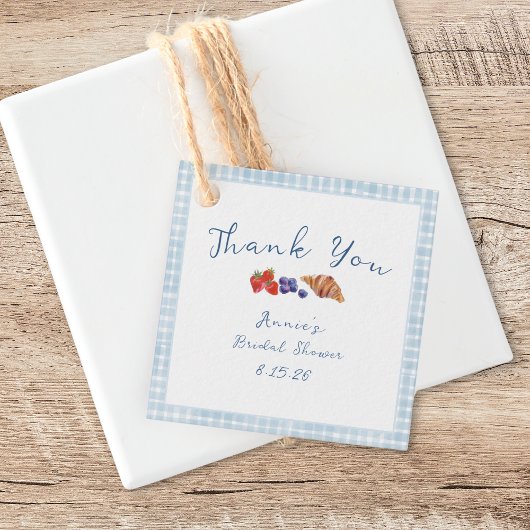 Stofbruine Blauw Gingham Bruiloftsontbijt Dank Je Bedankjes Labels