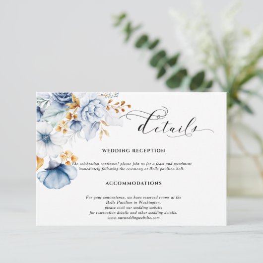 Stofbruine Blauw Witte Gouden Bloem Bruiloft Informatiekaartje (Staand voorkant)