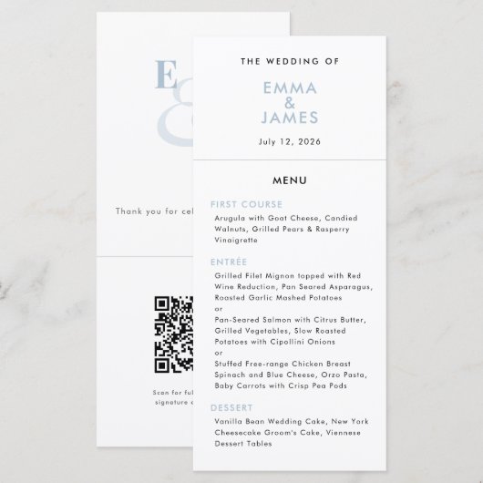 Stofbruine Blauwe Ampersand Bruiloft | QR Code | E Menu (Voorkant / Achterkant)