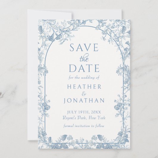 Stofbruine blauwe bloemen bruiloft Save The Date k (Voorkant)