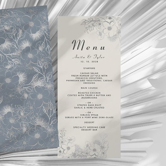 Stofbruine Blauwe Bloemige Bruiloftsreceptie Menu