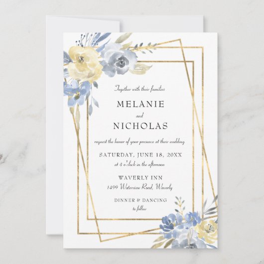 Stofbruine Blauwe Bloemige Gouden Kader Bruiloft Kaart (Voorkant)