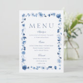 Stofbruine Blauwe Bloemige Trouw Menu Kaart (Staand voorkant)