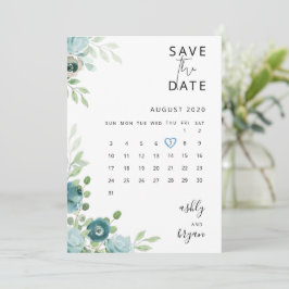 Stofbruine blauwe bloemige trouwkaart om de datum save the date