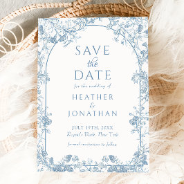 Stofbruine blauwe bloemige trouwkaart om de datum  save the date