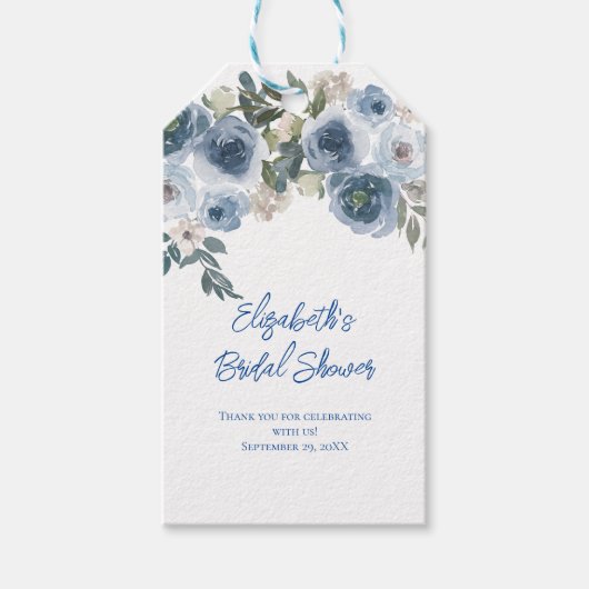 Stofbruine Blauwe Bloemige Waterverf Bruidsfeest F Cadeaulabel (Voorkant)