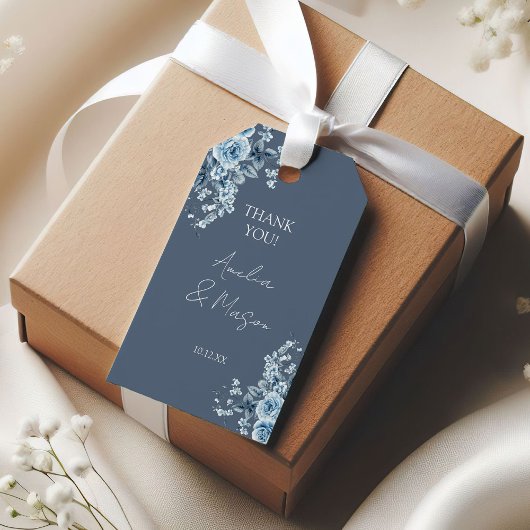 Stofbruine Blauwe Bloemrijke Script Trouw Cadeaulabel