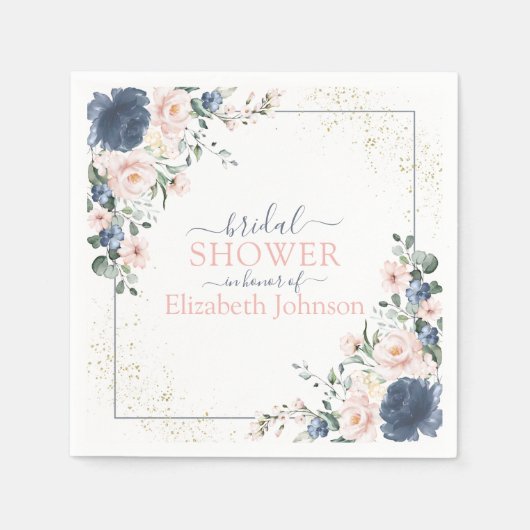 Stofbruine Blauwe Blosroze Gouden Bloem Bruidsfees Servet (Voorkant)