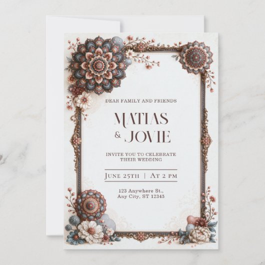 Stofbruine Blauwe Blush Mandala Frame Trouw Kaart (Voorkant)