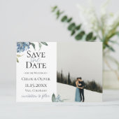 Stofbruine Blauwe Botanische Foto Save The Date Aankondiging (Staand voorkant)