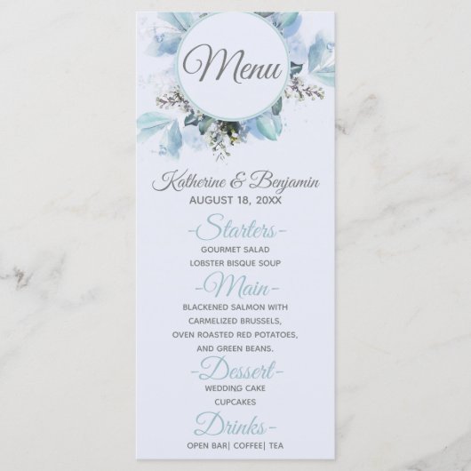 Stofbruine Blauwe Botanische Waterverf Bruiloftsme Menu (Voorkant)