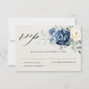 Stofbruine Blauwe Champagne Ivoor Bloemige Trouw R RSVP Kaartje