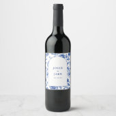 Stofbruine blauwe chinoiserie bloemstuk aangepaste wijn etiket (Voorkant)
