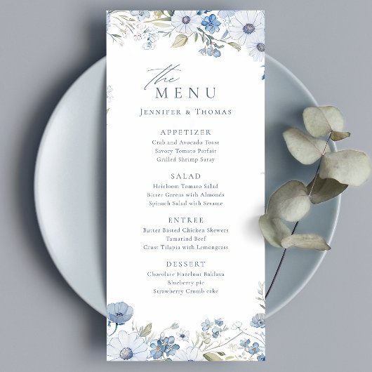 Stofbruine Blauwe Elegante Wilde Bloem Bruiloft Menu