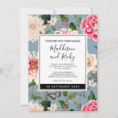 Stofbruine blauwe en blos landelijke trouwuitnodig kaart (Voorkant)