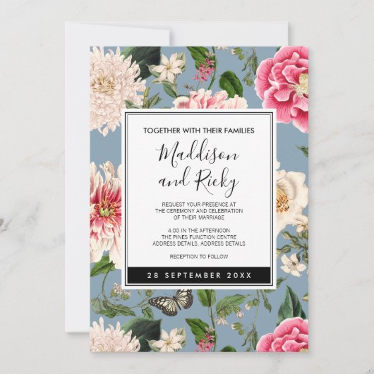 Stofbruine blauwe en blos landelijke trouwuitnodig kaart (Voorkant)