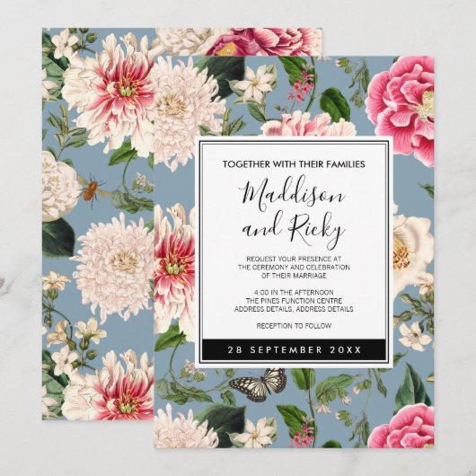 Stofbruine blauwe en blos landelijke trouwuitnodig kaart (Voorkant / Achterkant)