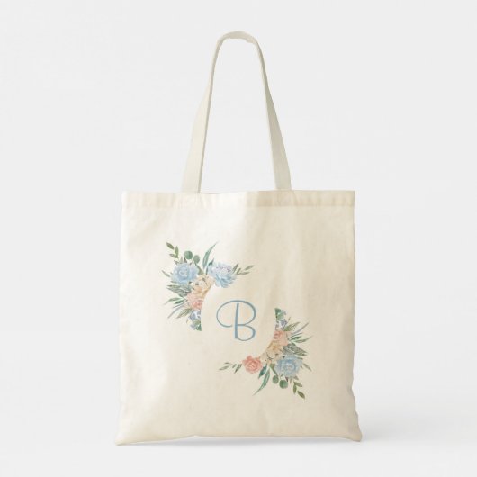 Stofbruine blauwe en blosroze bloemige gepersonali tote bag (Achterkant)