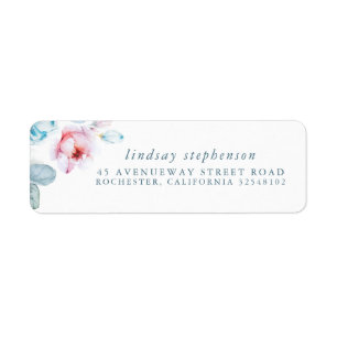 Stofbruine blauwe en roze bloemen Elegante waterve Etiket