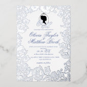 Stofbruine Blauwe en Zilveren Folie Elegante Trouw Folie Uitnodiging (Voorkant)