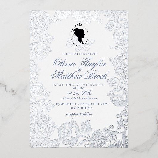 Stofbruine Blauwe en Zilveren Folie Elegante Trouw Folie Uitnodiging (Voorkant)