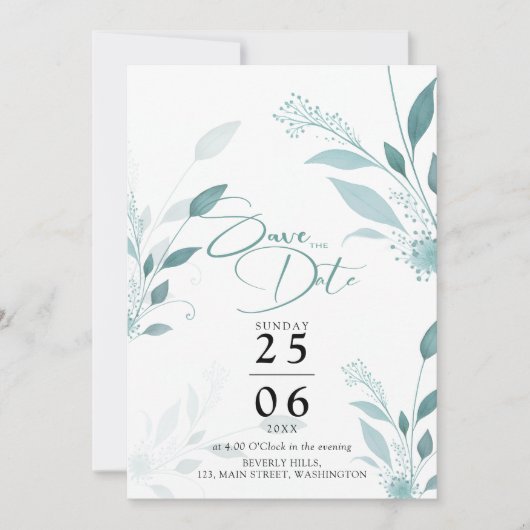 Stofbruine Blauwe Eucalyptus Turquoise Foto QR Cod Save The Date (Voorkant)