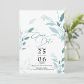 Stofbruine Blauwe Eucalyptus Turquoise Foto QR Cod Save The Date (Staand voorkant)