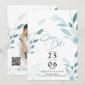 Stofbruine Blauwe Eucalyptus Turquoise Foto QR Cod Save The Date (Voorkant / Achterkant)