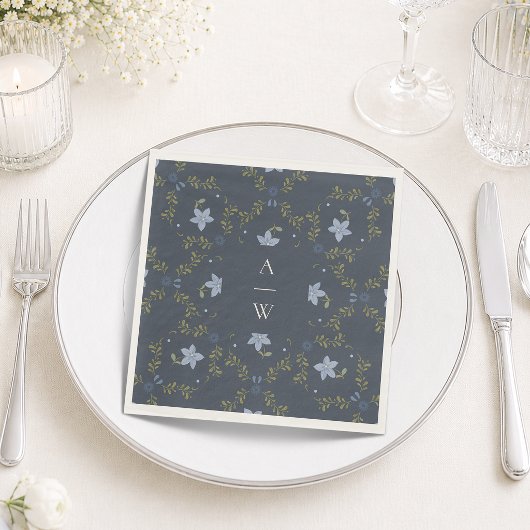 Stofbruine Blauwe Folk Monogram Bruiloft Servetten