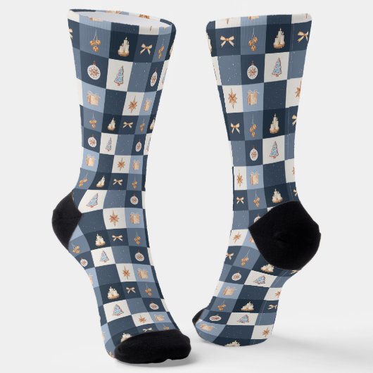 Stofbruine Blauwe & Gouden Kerst Design Sokken (Gebogen)