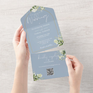 Stofbruine Blauwe Groene Gouden Boog QR Code Trouw All In One Uitnodiging