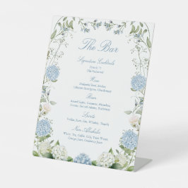 Stofbruine Blauwe Hortensia Bruiloftsreceptie Bar Reclamebord Met Voetstuk