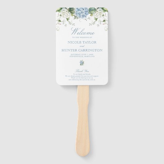 Stofbruine Blauwe Hortensia Huwelijksceremonieprog Handwaaier (Voorkant)