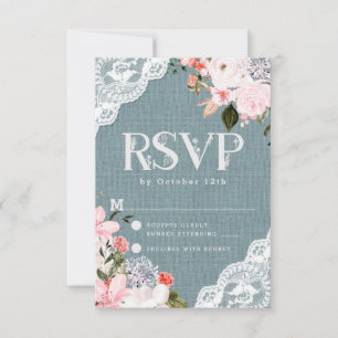 Stofbruine Blauwe Jute Kant en Blush Bloemige Brui RSVP Kaartje