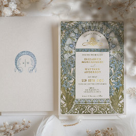 Stofbruine Blauwe Korenbloem Bruiloft Art Nouveau  Folie Uitnodiging