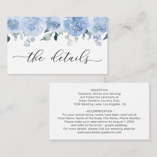 Stofbruine Blauwe Lichte Pastel Bloemen Trouwdetai Informatiekaartje (Voorkant / Achterkant)