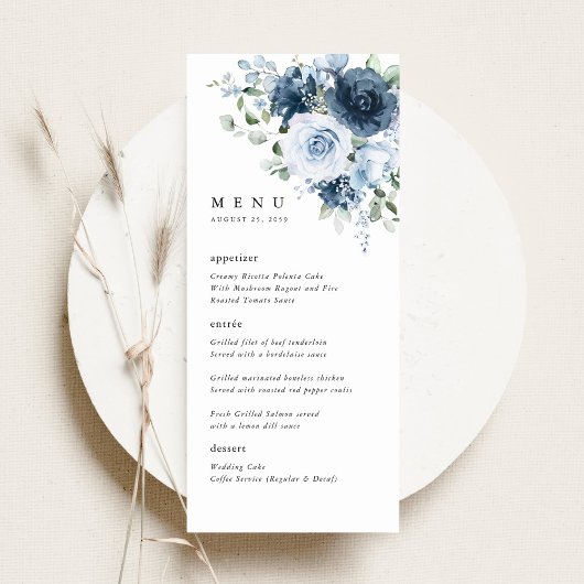Stofbruine Blauwe Marine Bloemstuk Bruiloftsrecept Menu