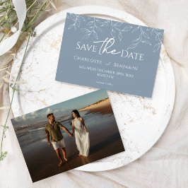 Stofbruine Blauwe Minimaal Blad Huwelijksfoto Save The Date