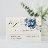 Stofbruine Blauwe Navy Champagne Ivoor Bloemige Tr RSVP Kaartje (Staand voorkant)