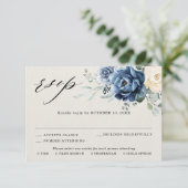 Stofbruine Blauwe Navy Champagne Ivoor Bloemige Tr RSVP Kaartje (Staand voorkant)
