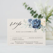 Stofbruine Blauwe Navy Champagne Ivoren Bloem Brui RSVP Kaartje (Staand voorkant)