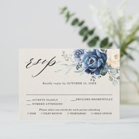 Stofbruine Blauwe Navy Champagne Ivoren Bloem Brui RSVP Kaartje (Staand voorkant)