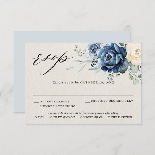 Stofbruine Blauwe Navy Champagne Ivoren Bloem Brui RSVP Kaartje (Voorkant / Achterkant)