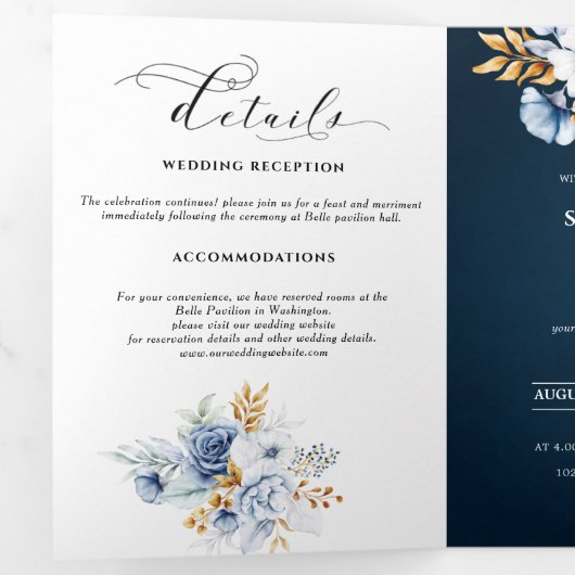 Stofbruine Blauwe Navy Witte Gouden Bloem Bruiloft Drieluik Aankondiging (Binnenzijde eerst)